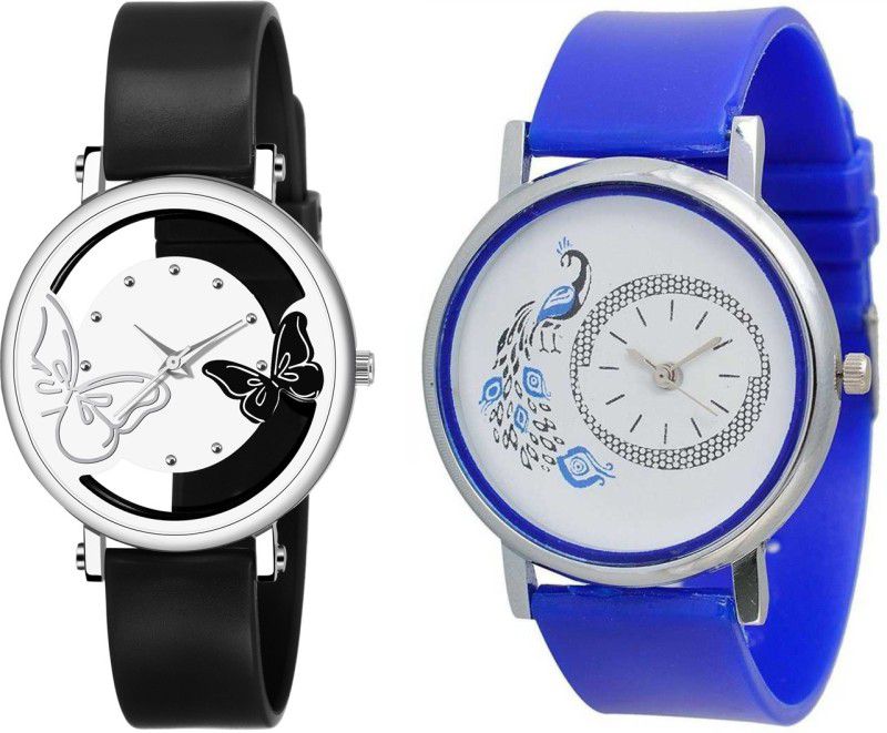 Analog Watch - For Women New Designer Dual White And Black Color Dual Batterfly And Peacock Print White Color Dial Combo Watch
