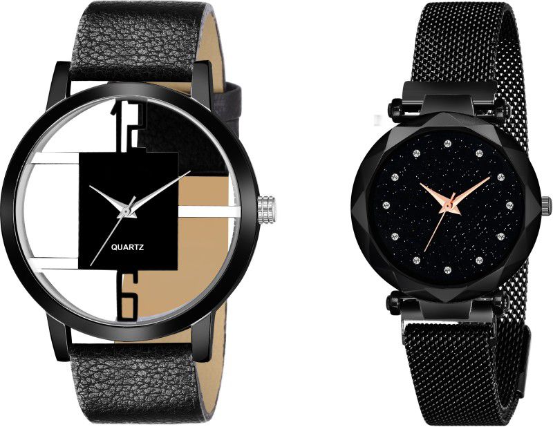 New Fashion Analog Watch - For Couple Luxury Mesh Magnet Buckle Starry sky Quartz Watches Couple Fashion Mysterious 6 To 12 Black Open maganet & 12 diamouns Black Watch