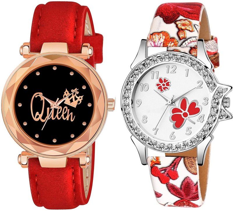 Analog Watch - For Girls Best Designer Combo Of Queen Printed Red Watch & Butterfly Dial Multicolor Strap