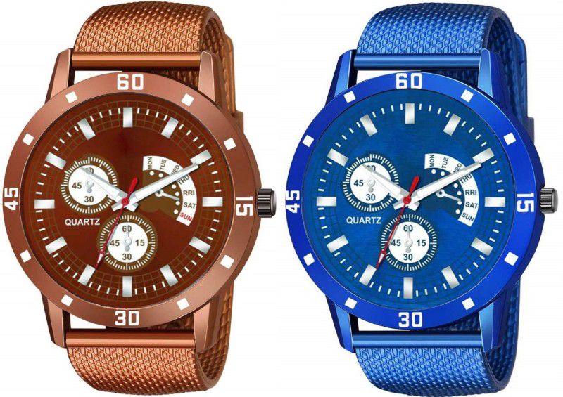 Analog Watch - For Men SWC-178 New Stylish Combo Brown and Blue PU Belt Watch For Boys
