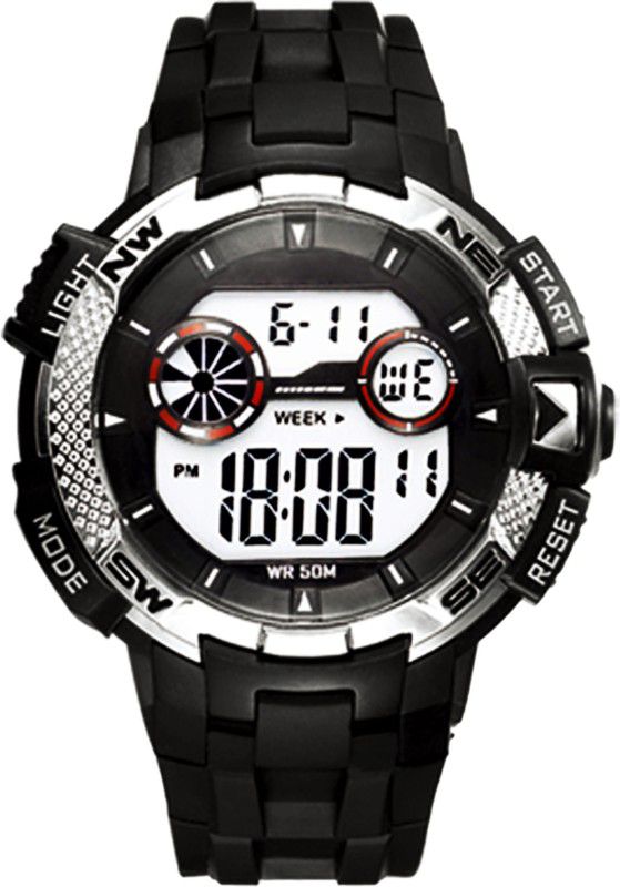 Metal Compass Style & Pattern Strap Design Chrono Alarm Digital Watch - For Men DR315G1-BlackWhite