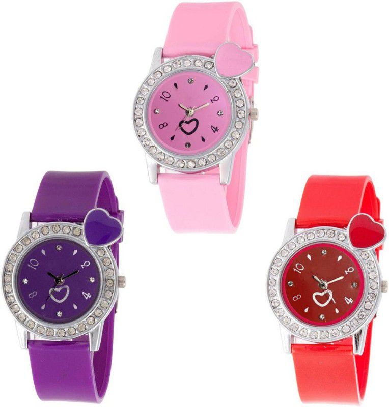 Analog Watch - For Girls Heart Colourful Diamond Stunedded Analog Combo Watch For Girls & Women ZB-H38