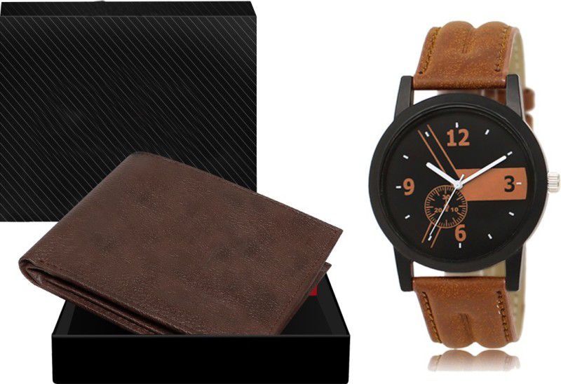 Combo Of Brown Color Artificial Leather Wallet & Analog Watch - For Men WL12-LR01