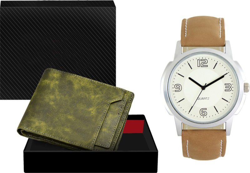 Combo Of Green Color Artificial Leather Wallet & Analog Watch - For Men WL16-LR16