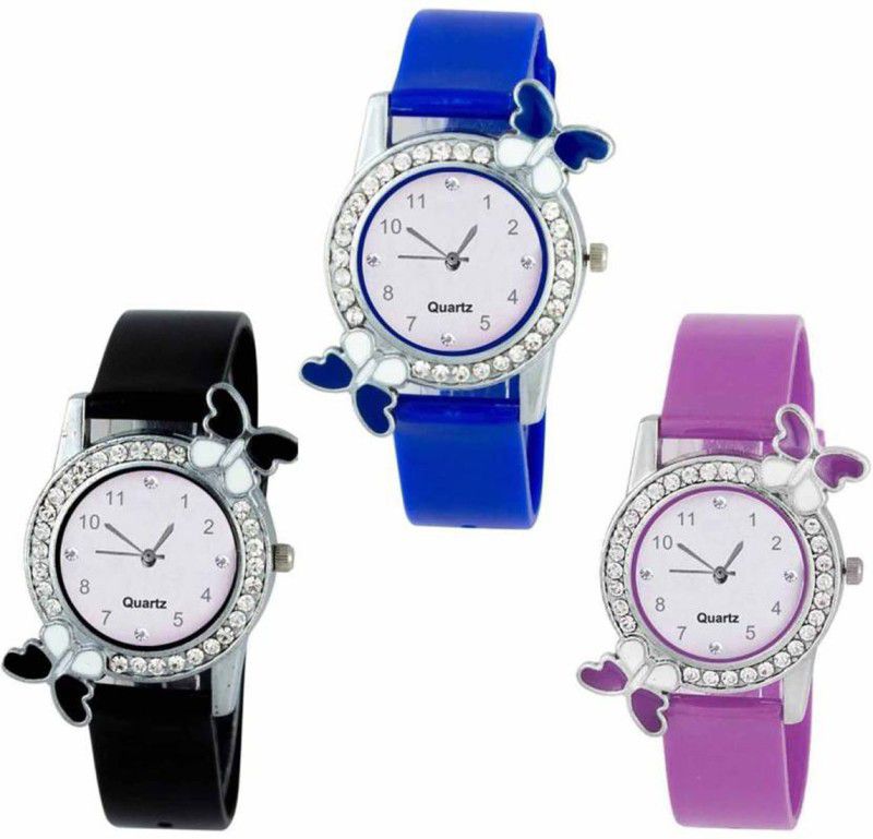 Analog Watch - For Women New Arrival Dual Batterfly With Diamond Black Blue And Purple
