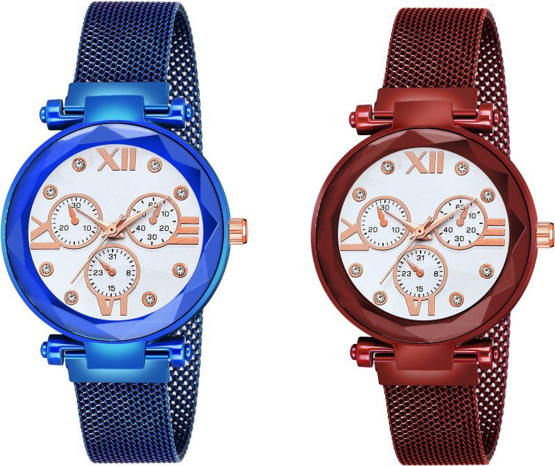 Designer Fashion Wrist Analog Watch - For Girls New Fashion Roman Digit White Dial Blue & Red Maganet Strap For Girl