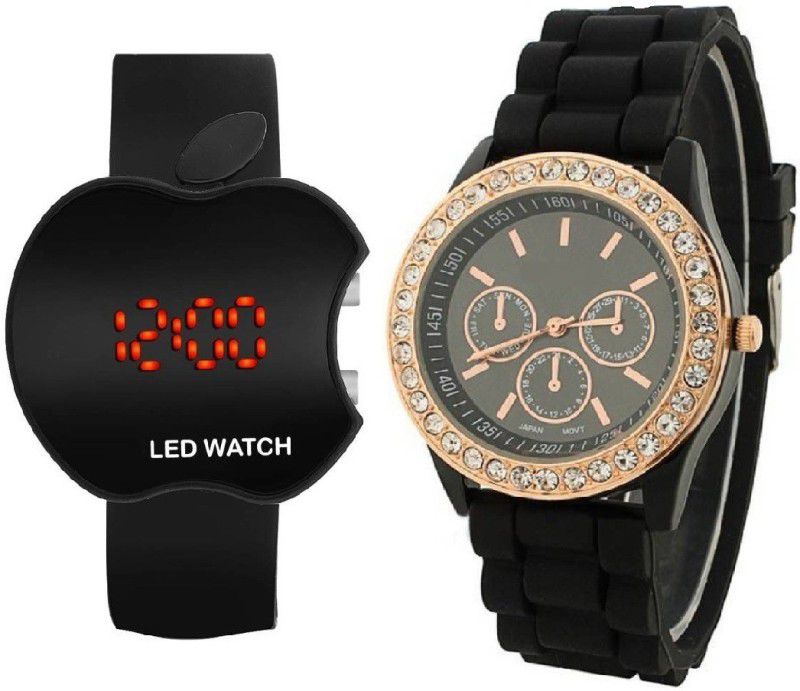 CSB- PARTY WEAR Analog-Digital Watch - For Men & Women geneva BLACK rubber belt crystal studded WITH BLACK APPLE LED