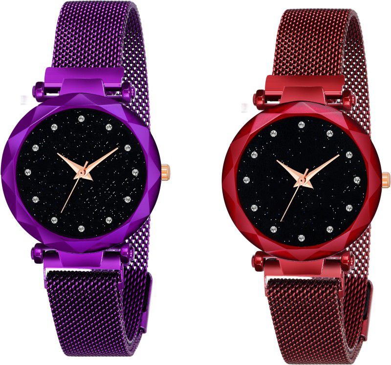 Analog Watch - For Girls Luxury Mesh Magnet Buckle Starry sky Quartz Watches For girls Fashion Mysterious Purple&Red 12 Daimouns Lady New Fashion Analog Watch