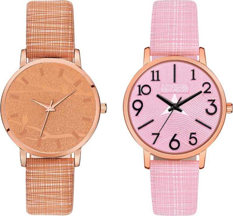 New Stylish Numeric Letter And Sparrow Design Dial With Genuine Leather Strap Pack Of 2 Analog Watch - For Girls MT348329