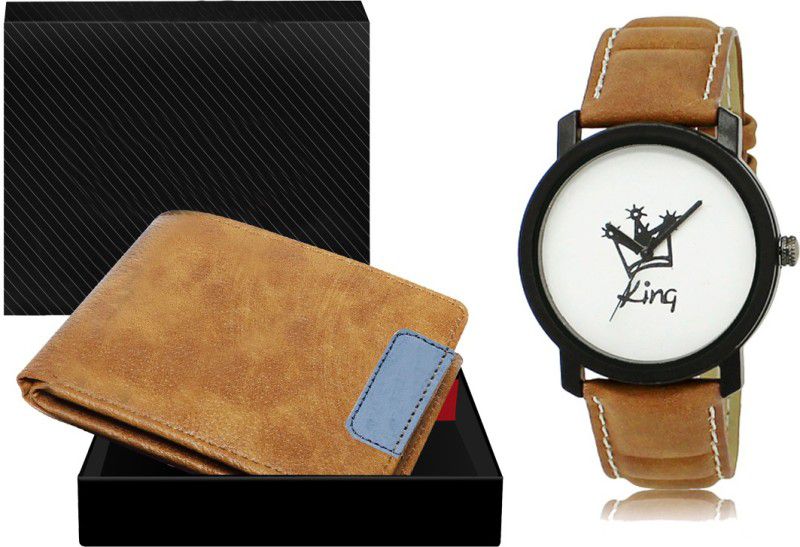 Combo Of Beige Color Artificial Leather Wallet & Analog Watch - For Men WL11-LR18