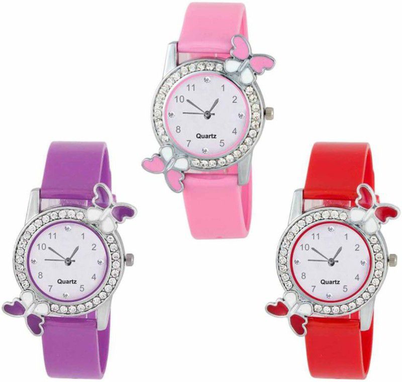 Analog Watch - For Girls New Arrival Dual Batterfly With Diamond Pink Red And Purple Combo