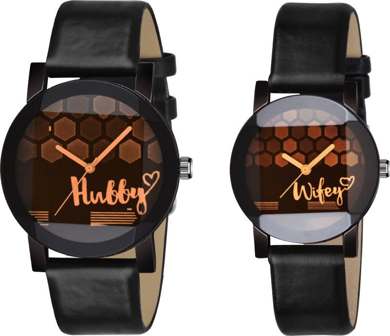 Analog Watch - For Couple RR-New Stylish Crystal Hubby & Wifey Round Dial Black Leather Strap Premium Quality Designer Couple