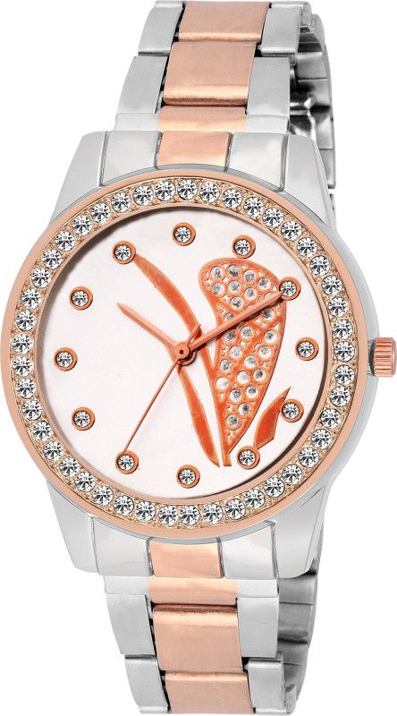 white Dial Stainless Steel Ladies And Women Analog Watch - For Girls Dual Tone Fancy And Stylish Prickly Pear Design Soomsseries
