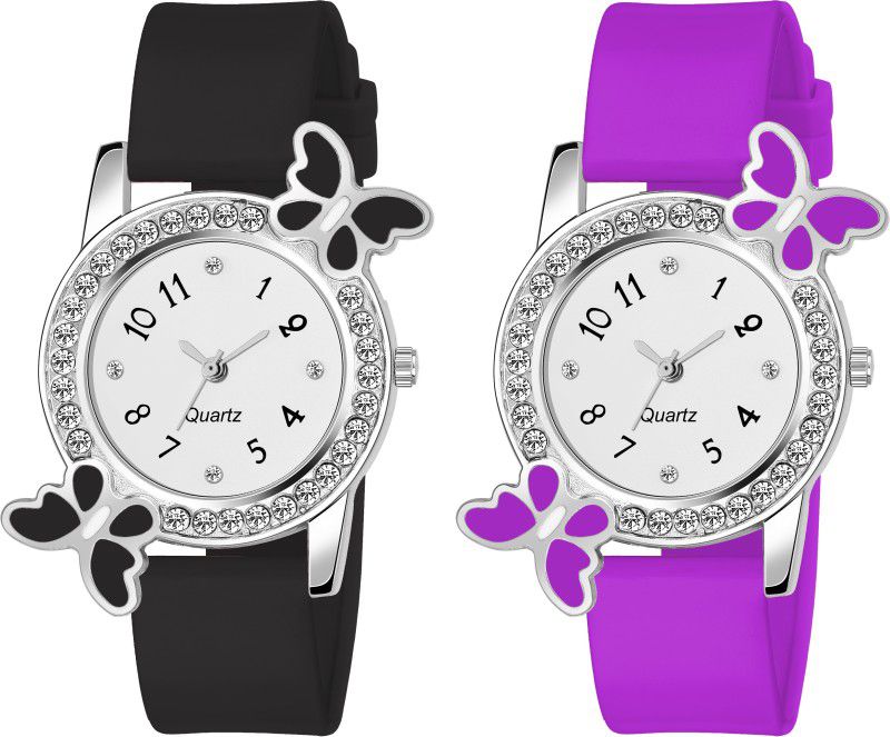 Analog Watch - For Girls Attractive butterfly Stylish Diamond Studded Black & Purple women combo Watch