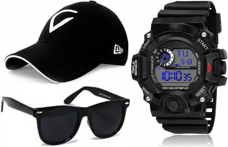 Digital Watch - For Boys & Girls 426-DJ-0.31 Watch and viral white cap and black sun-glass - For unisex DIGITAL BOYS LOOK RESISTANCE STYLE ( pack of 3 )