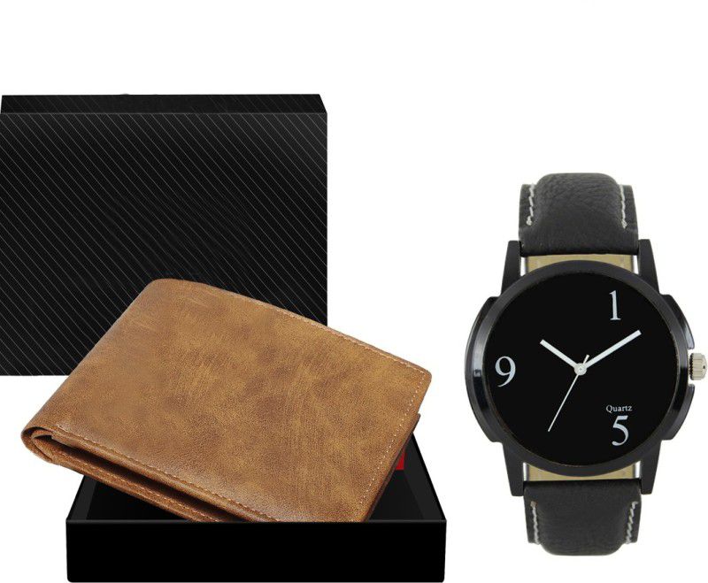 Combo Of Beige Color Artificial Leather Wallet & Analog Watch - For Men WL13-LR06