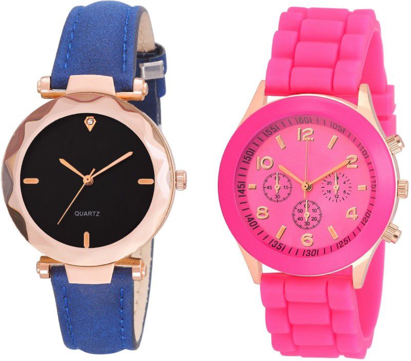 silicon strap pink girls Analog Watch - For Women Fancy Diamond Cut Geneva-blue strap watch with