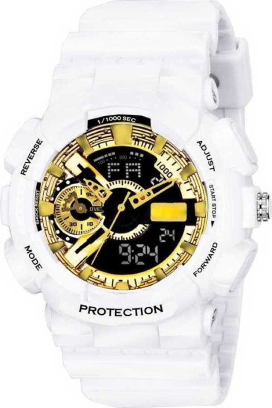 Gold Dial Shock Protection Alarm Stopwatch Golden White Combo Unisex Trending Sport Analog-Digital Watch - For Boys Magnificent Glossy White