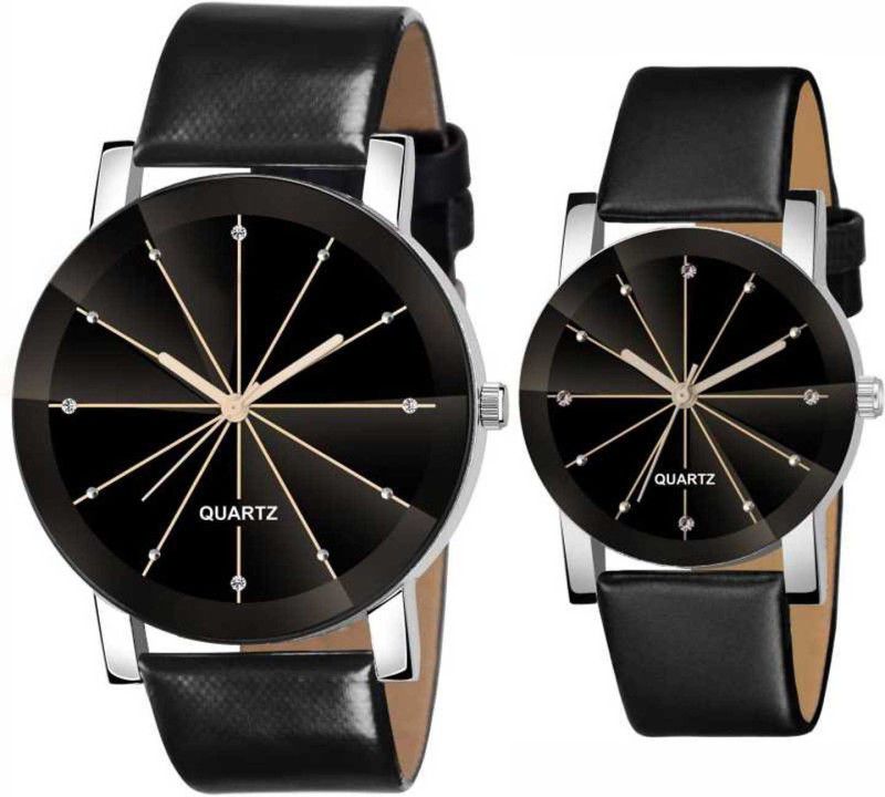 Black Dial Prism Glass Leather Strap Stylish Analog Watch - For Couple Pack Of 2 Couple Watches