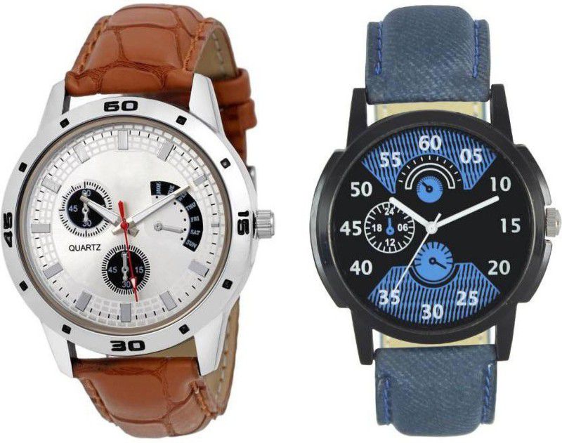 Watches::Girls Watches::Boy Watches Analog Watch - For Men Sporty Blue With Dial Brown Leather Boys Combo Watch For Men