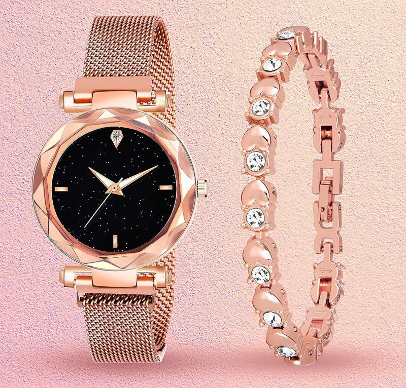 Analog Watch - For Girls Latest Magntic Strap Rosegold Watch With White Dot Rosegold Bracelet Combo