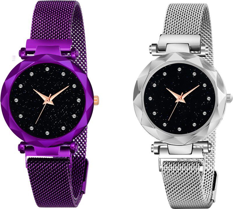 Analog Watch - For Girls Luxury Mesh Magnet Buckle Starry sky Quartz Watches For girls Fashion Mysterious black&Red 12 Daimouns Lady New Fashion Analog Watch