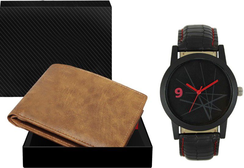 Combo Of Beige Color Artificial Leather Wallet & Analog Watch - For Men WL13-LR08