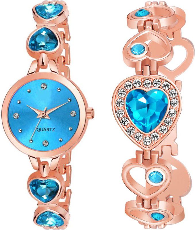 Analog Watch - For Women New Attractive Designer For Aqua Stone Heart Party-Wedding Style Blue Dial & Rose Gold Belt Watch & Bracelet Combo For Women & Girls Analog Watch