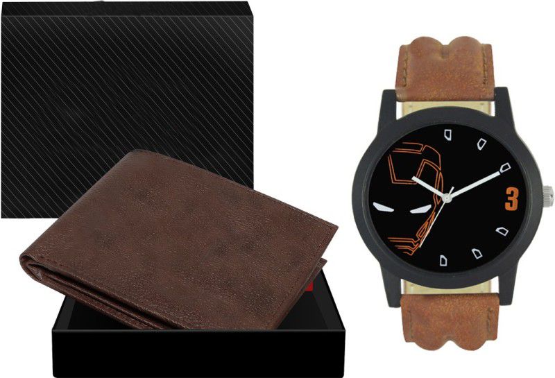 Combo Of Brown Color Artificial Leather Wallet & Analog Watch - For Men WL12-LR04