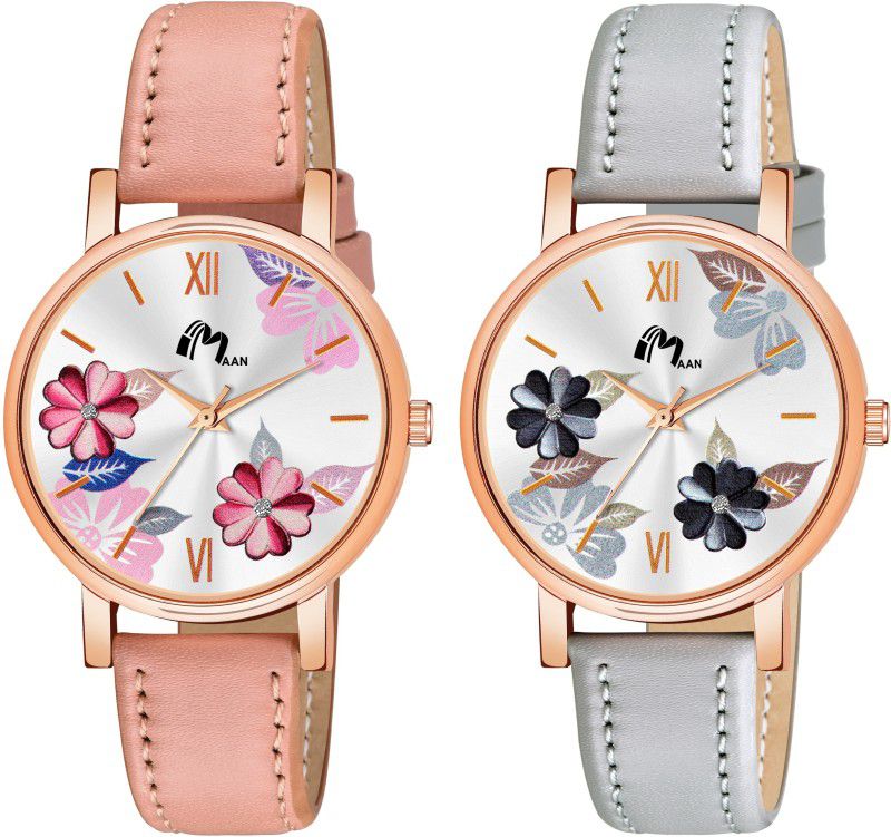 Analog Watch - For Girls Pack Of 2 New Flowers Print Dial Pink And Grey Lather Strap Woman