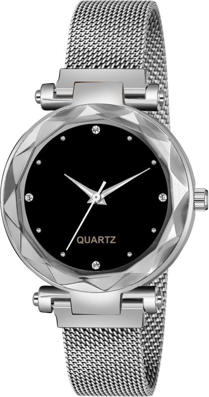 Analog Watch - For Girls New Fashion 4 Diamouns black Color Dial & Silver Maganet Strap For Girl & Women