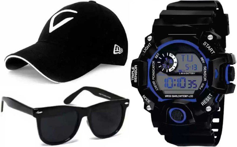 Digital Watch - For Boys & Girls NEW TRENDY LOOK RESISTANCE STYLE SOLID 7 LIGHT Digital Watch and viral white cap and black sun-glass - For unisex ( pack of 3 )
