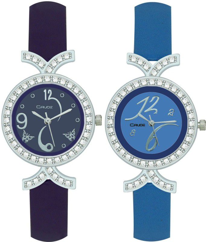 crude purple blue dial diamond case leather strap unique deign watch Analog Watch - For Women rg315