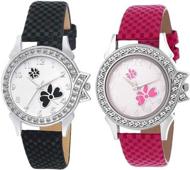 Analog Watch - For Women Dual Batterfly With Diamond Blue And Pink Analog Watch - For Girls