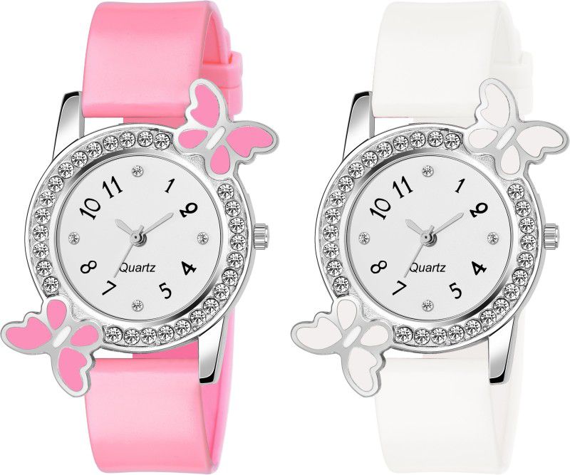 Analog Watch - For Girls Attractive butterfly Stylish Diamond Studded Pink & White women combo Watch