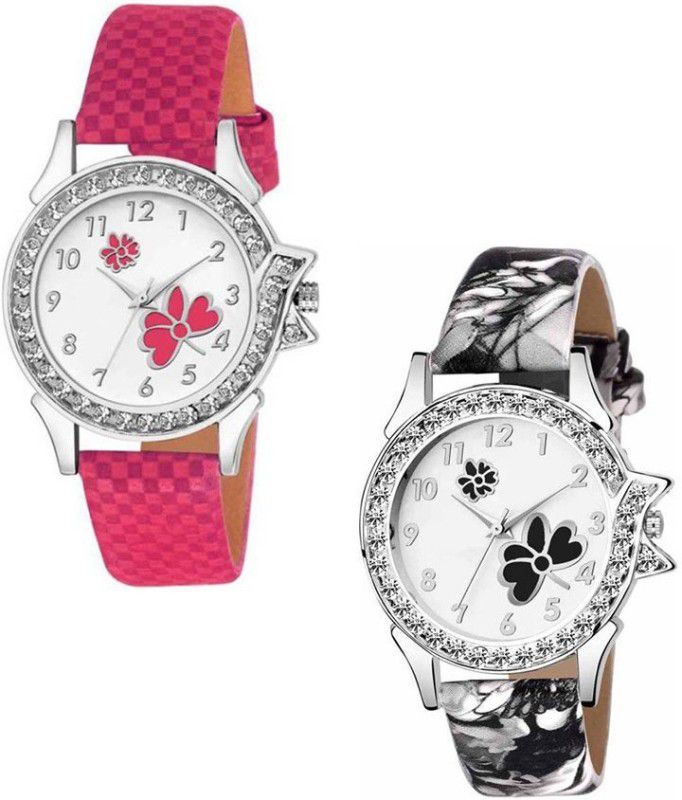 Analog Watch - For Girls Different Flower Coloring Dial Chex leather Strap