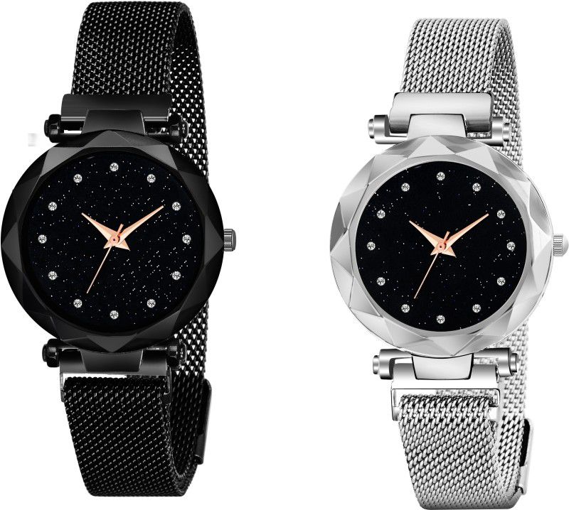 Analog Watch - For Girls Luxury Mesh Magnet Buckle Starry sky Quartz Watches For girls Fashion Mysterious black&Silver 12 Daimouns Lady New Fashion Analog Watch