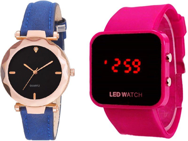 Elegant Royal Navy Blue Strap GIRLS Analog-Digital Watch - For Women COMBO OF DARK PINK LED SQUARE DIAL BOYS WATCH WITH Crystal Mesh Designer Glass Cut Dial