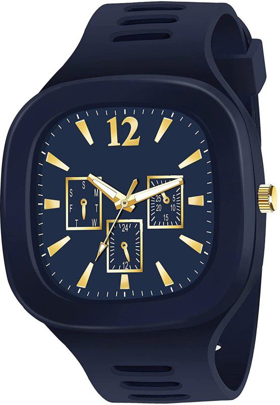 3 Window Blue Boys Mens Square Gold Dial Blue Wrist Watch Analog Watch - For Men