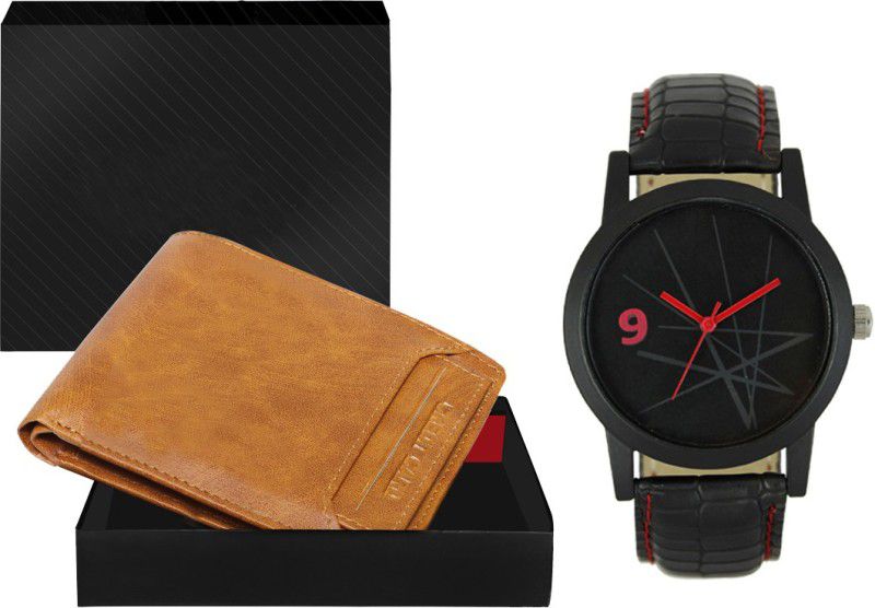 Combo Of Beige Color Artificial Leather Wallet & Analog Watch - For Men WL06-LR08