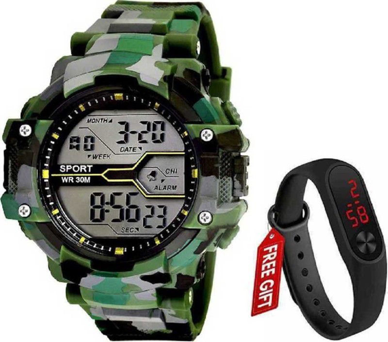 Digital Dial Wrist 7-Types color LEDLight Alart,Stop Day&Date&Month&Year Display Digital Watch - For Boys & Girls Sport Green Army Print MultiFunction Working - Casual Wear Digital Durable Silicone Green Army Strap