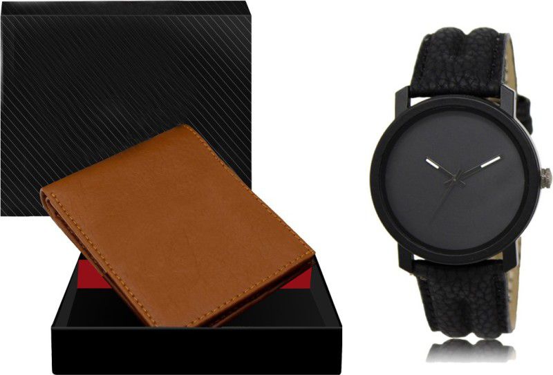 Combo Of Tan Color Artificial Leather Wallet & Analog Watch - For Men WL02-LR21