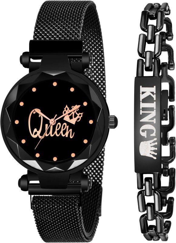 Analog Watch - For Girls Pack of 2 Magnet Queen Dial Watch and Black King Stylish Bracelet
