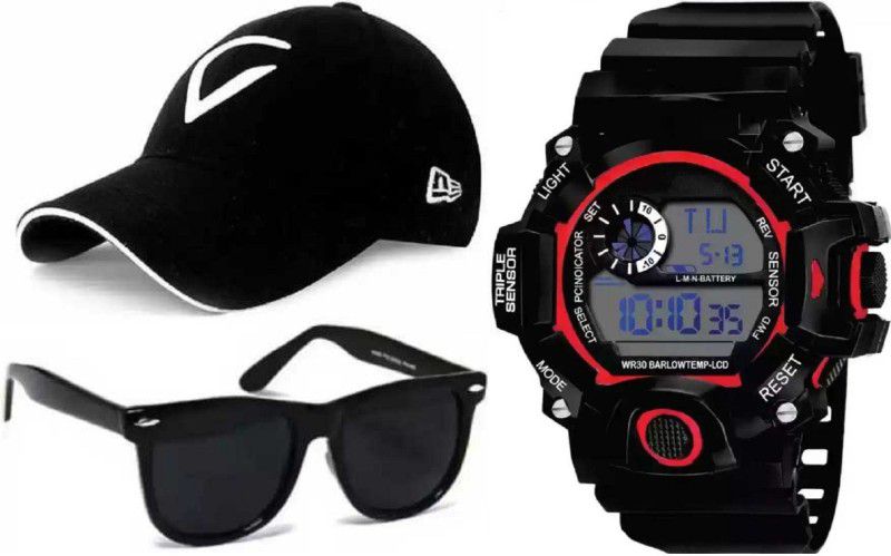 Digital Watch - For Boys & Girls A SOLID STYLISH 7 LIGHT Digital Watch and viral white cap and black sun-glass - For unisex ( pack of 3 )