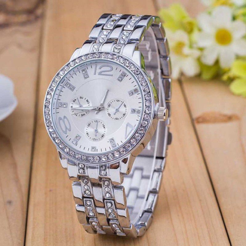 Silver Stylish Sparkling Diamonds Studded Silver Party fashion watches for women Analog Watch - For Girls New Fancy Luxury Professional Latest 2022 Original Analogues Chain Crystal New Stylish Look Party Wear Watches For Women