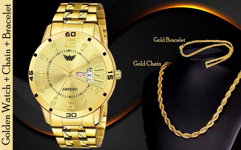 With New Design RASA Chain & Bracelet Gold Special Combo Pack For Boys Analog Watch - For Men Abx1220-GD Gold+C2 Combo