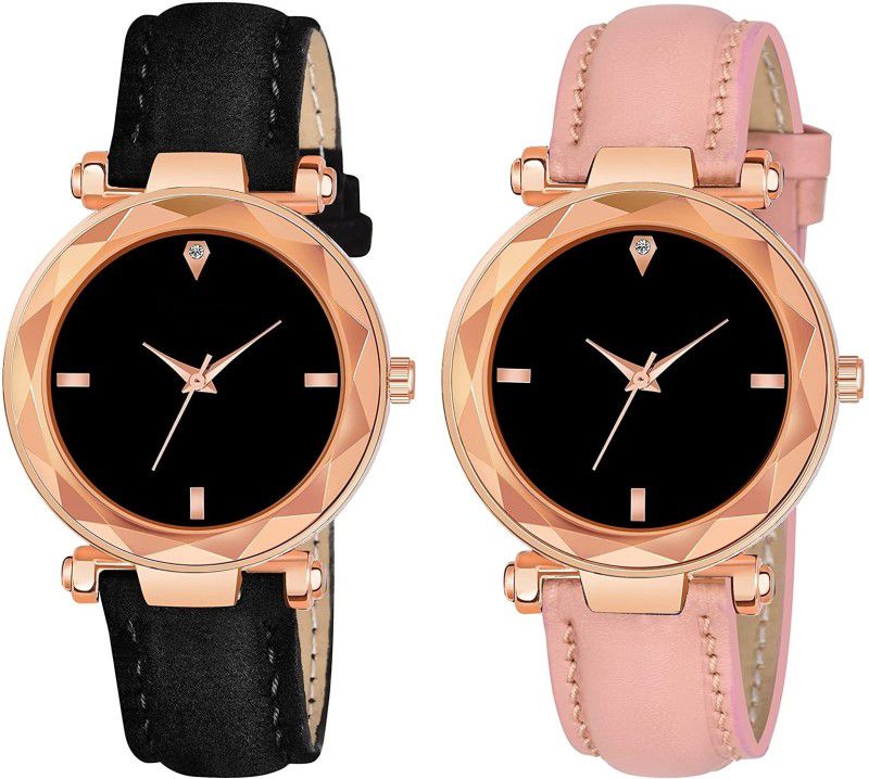 Analog Watch - For Women Attractive Best Designer Combo Of 4 Figure Black and Pink Leather Strap