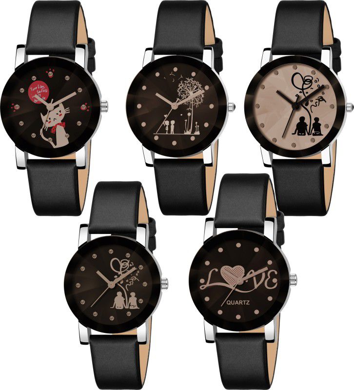 Analog Watch - For Girls Pack of 5 Stylish&Attractive Looking Dial Black Crystal Glass Watch For Women & Girl's