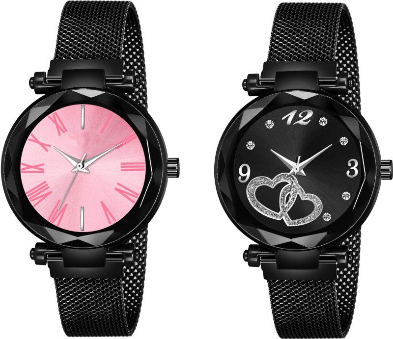 Designer Fashion Wrist Analog Watch - For Girls New Fashion Pink Color Roman Digit & Silver Dual heart dial Black Maganet Strap For Girl