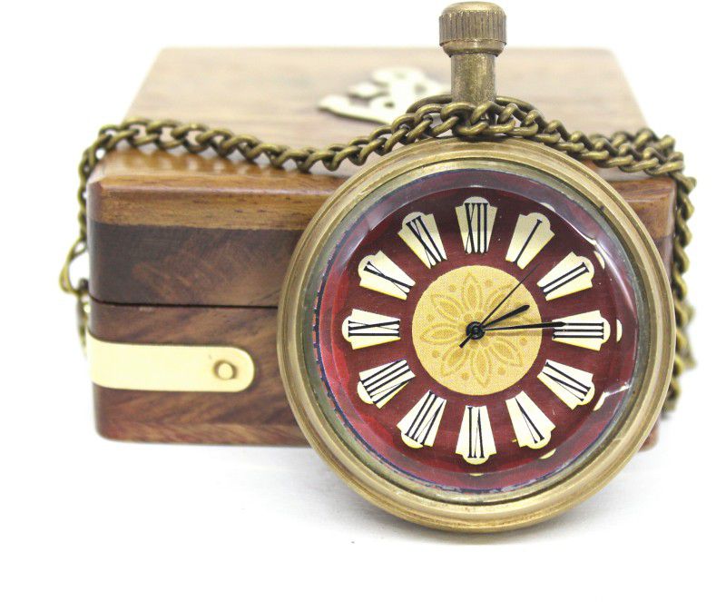 V A Antiques VA Antique Type Chained Pocket Clock Hand-Winding (No Battery Required) with Wooden Box, Dial Size 4.5 cm Diameter VA_MN1007 Antique gold plated Brass Pocket Watch Chain